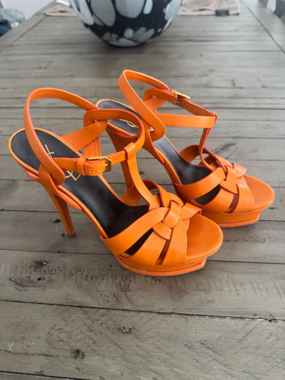 YSL Saint Laurent Paris Orange Leather Tribute Platform Sandals Heels Size 38.5 - Picture 2 of 8
